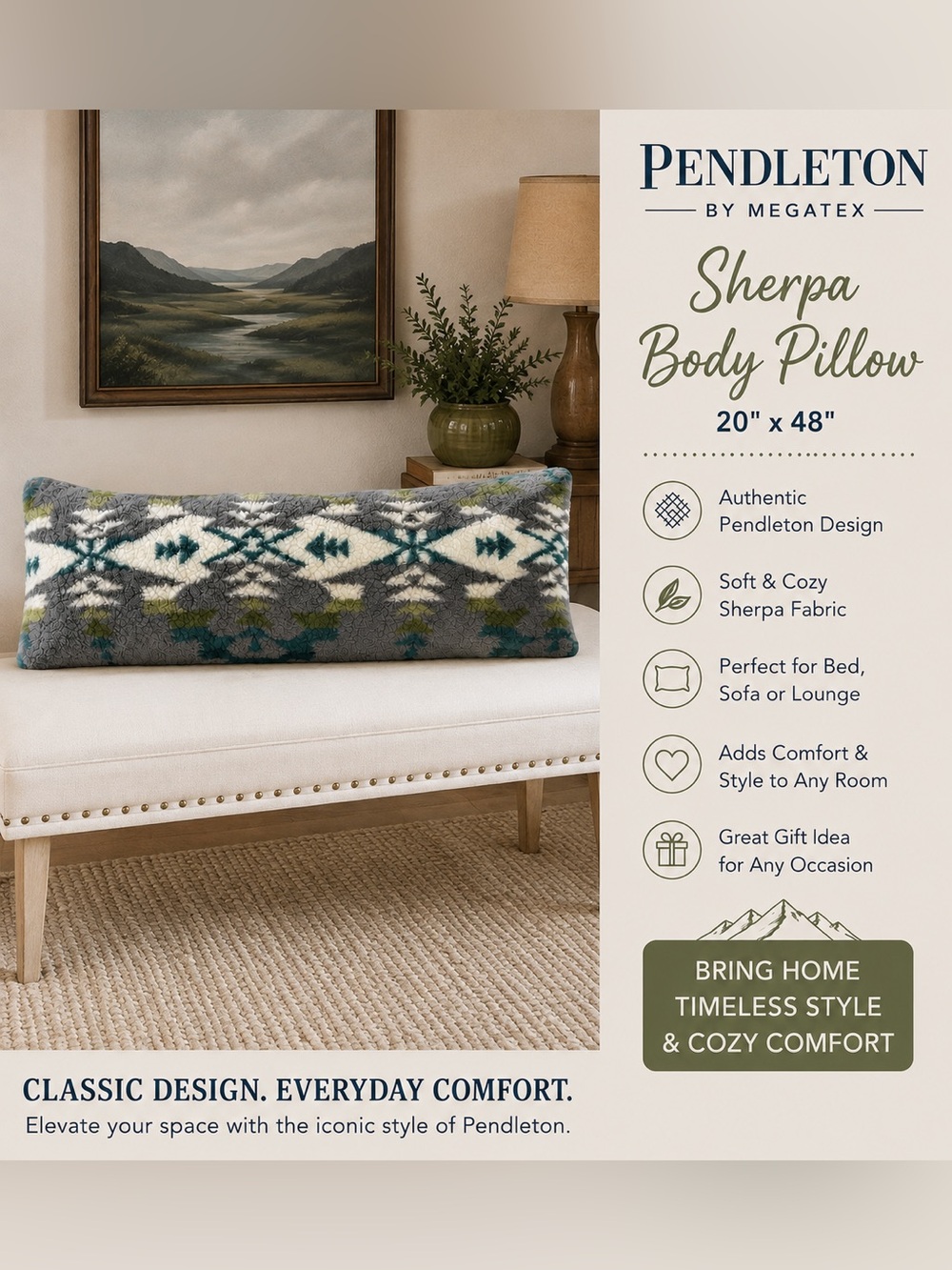 Pendleton Sherpa Body Pillow 20x48 Avra Valley Gray Teal Plush Costco